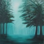 Zonnestralen in bos | 80 x 80 cm olieverf | verkocht